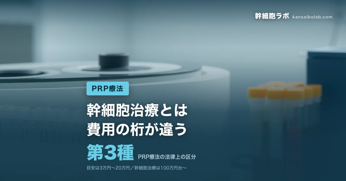 PRP療法｜PRP療法の法律上の区分は第3種。幹細胞治療とは費用の桁が違う